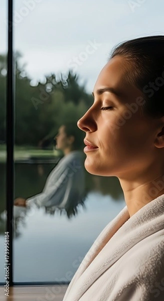 Fototapeta Serene profile shot of a woman in a white bathrobe relaxing with her eyes closed by a large window overlooking a calm lake and forest, promoting wellness.