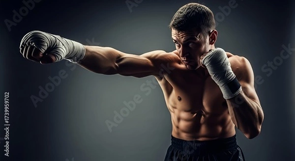 Fototapeta Muscular, shirtless boxer in hand wraps throwing a powerful jab punch with a focused expression against a dark, dramatic background.