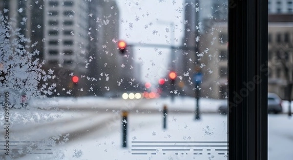 Fototapeta View from inside a bus stop shelter window, frosted with snowflakes, looking out onto a blurred, snowy city street with red traffic lights.