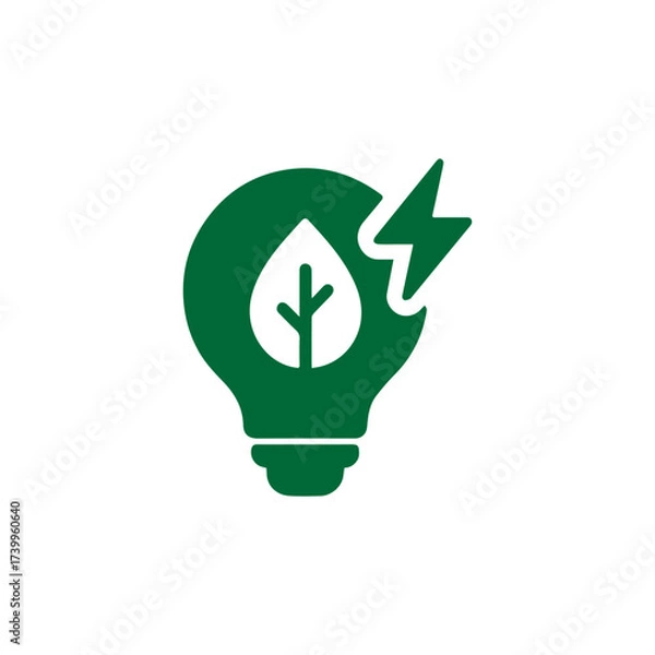 Obraz Green energy and sustainability icon with leaf in light bulb and electric bolt for eco innovation concepts