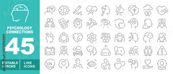 Fototapeta Psychology connections set of web icons in line style. Containing head, people, gear, pen, thoughts, atoms, face, cloud, heart,  pills, arrow, stairs, eye, shield.  Editable stroke icons collection.