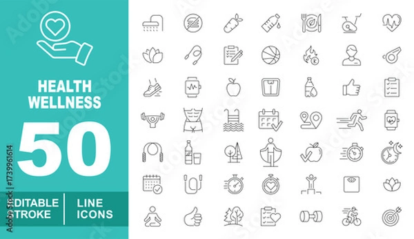 Fototapeta Health wellness set of web icons in line style. Containing handheart, shower, stop, carrot, water, meal, bike, heartbeat, lotus, jump, clipboard, ball, flame, man, whistle. Editable stroke icons 
