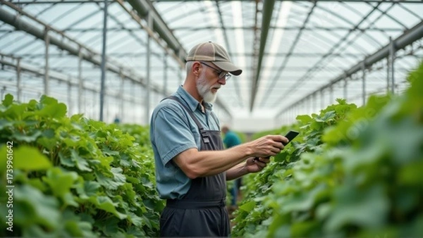 Obraz Innovative Farmer Using Technology in Greenhouse for Crop Management