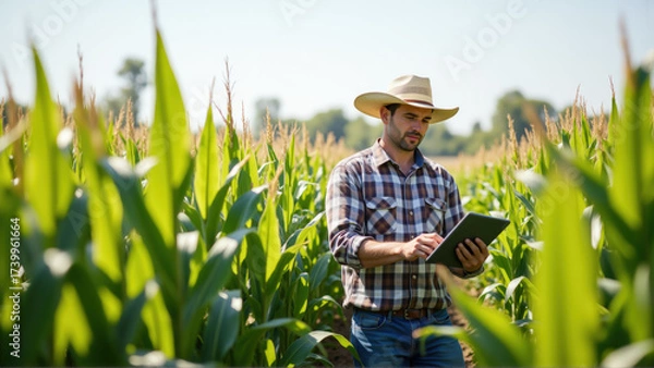 Fototapeta Farmer Using Tablet in Corn Field for Modern Agriculture Solutions