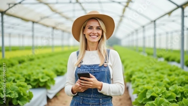 Fototapeta Smiling Woman in Greenhouse Using Smartphone for Modern Farming
