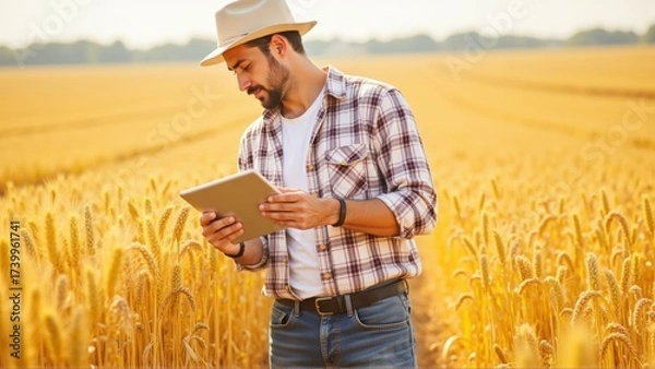 Fototapeta Innovative Farmer Using Technology in Golden Wheat Field