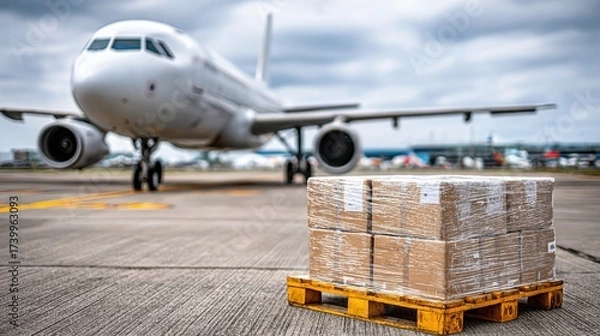 Fototapeta Palletized cargo ready for air transport on an airport tarmac with a commercial airplane in the background under a cloudy sky.