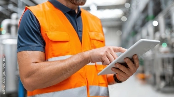 Fototapeta A worker wearing an orange high-visibility vest is actively using a digital tablet in an industrial facility.
