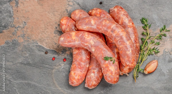 Fototapeta Raw pork sausages with garlic, thyme, and pepper on stone background. Fresh uncooked meat for barbecue, rustic kitchen preparation, organic food and grill party