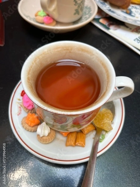 Fototapeta Floral teacup and assorted colorful cookies and snacks, creating a festive, cozy tea presentation : Jogjakarta, Indonesia - October 03, 2025