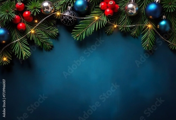 Fototapeta Festive holiday background with evergreen branches, red berries, and blue ornaments on a vibrant blue backdrop, with copy space for text