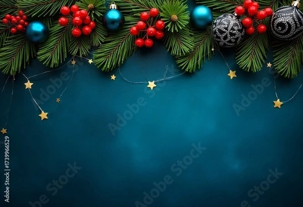 Fototapeta Festive holiday background with evergreen branches, red berries, and blue ornaments on a vibrant blue backdrop, with copy space for text