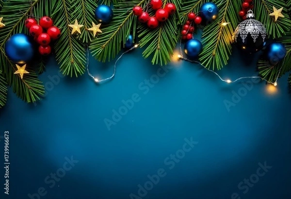 Fototapeta Festive holiday background with evergreen branches, red berries, and blue ornaments on a vibrant blue backdrop, with copy space for text
