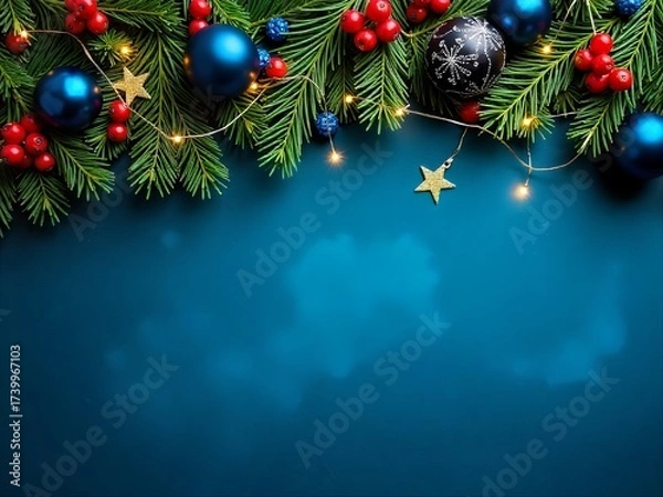 Fototapeta Festive holiday background with evergreen branches, red berries, and blue ornaments on a vibrant blue backdrop, with copy space for text
