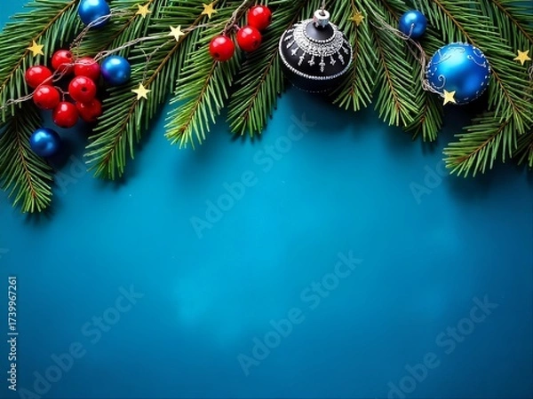 Fototapeta Festive holiday background with evergreen branches, red berries, and blue ornaments on a vibrant blue backdrop, with copy space for text
