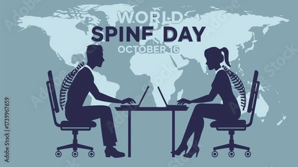 Fototapeta Vector art of world spine day concept showing two silhouetted people working on laptops with spinal issues, highlighting the importance of posture