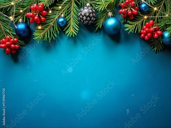 Fototapeta Festive holiday background with evergreen branches, red berries, and blue ornaments on a vibrant blue backdrop, with copy space for text

