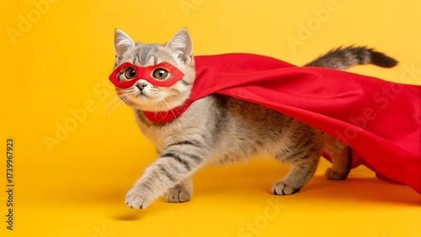 Fototapeta Over a vivid yellow setting. a cute superhero cat wearing a red cloak and mask is swooping and