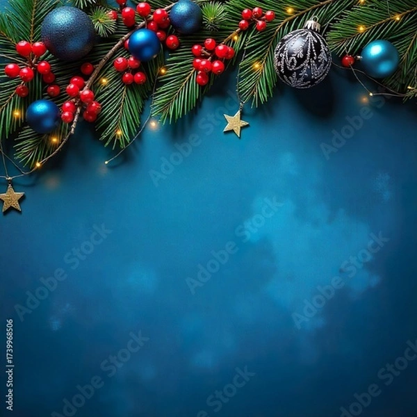 Fototapeta Festive holiday with vibrant decorations, including evergreen branches, red berries, and blue decorations, on a blue background, an empty text space