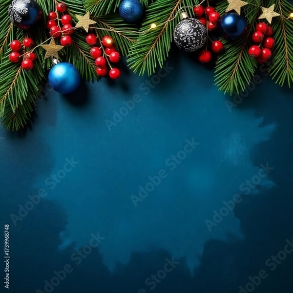 Fototapeta Festive holiday with vibrant decorations, including evergreen branches, red berries, and blue decorations, on a blue background, an empty text space