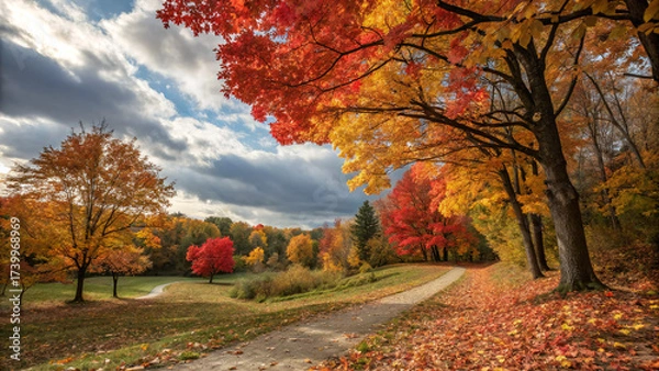 Fototapeta Autumn colors illuminate a peaceful park path surrounded by vibrant trees in a serene landscape