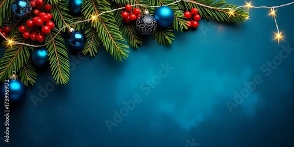 Fototapeta Festive holiday with vibrant decorations, including evergreen branches, red berries, and blue decorations, on a blue background, an empty text space