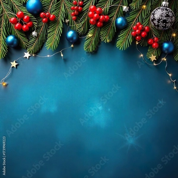 Fototapeta Festive holiday with vibrant decorations, including evergreen branches, red berries, and blue decorations, on a blue background, an empty text space