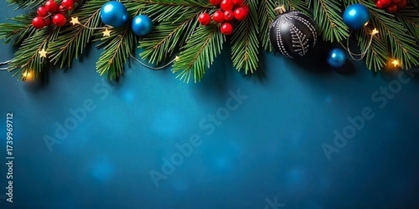 Fototapeta Festive holiday with vibrant decorations, including evergreen branches, red berries, and blue decorations, on a blue background, an empty text space