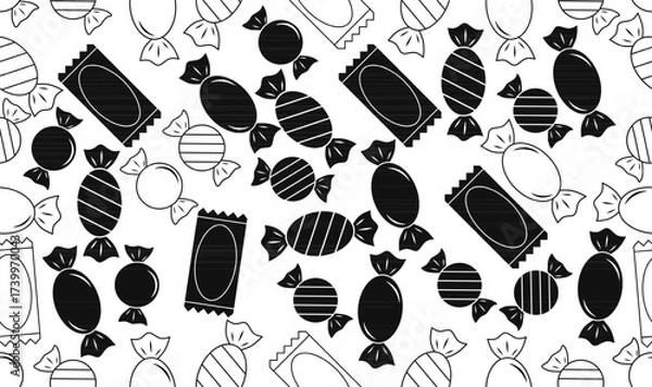 Fototapeta Seamless candy pattern vector. Black and white sweets, lollipops, and wrapped candies outline and silhouette. Perfect for packaging, textile, wallpaper, and microstock design.
