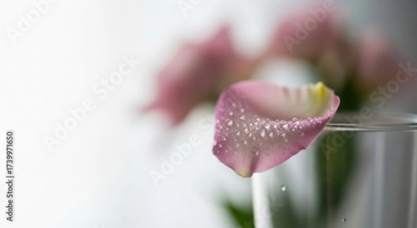 Obraz Close-up of dewy pink petal on glass with soft focus background