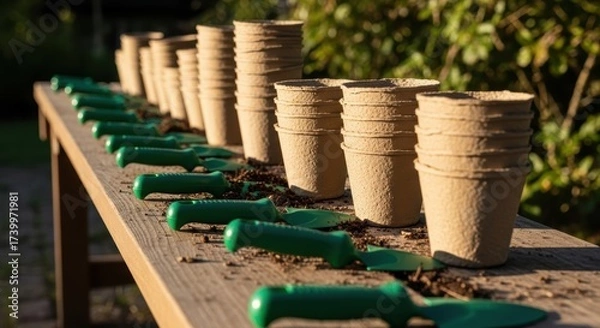 Obraz Eco-friendly gardening setup with biodegradable pots and green shovels