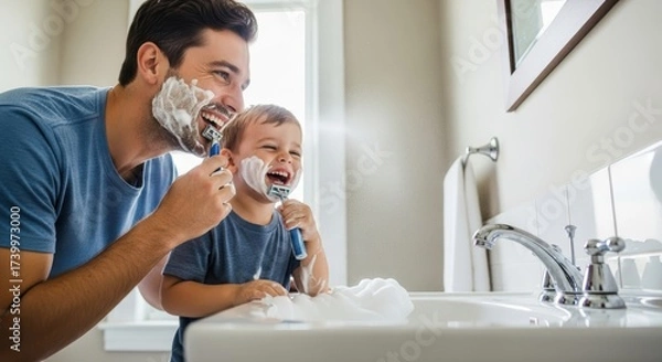 Obraz Caucasian father and son shaving together in bathroom