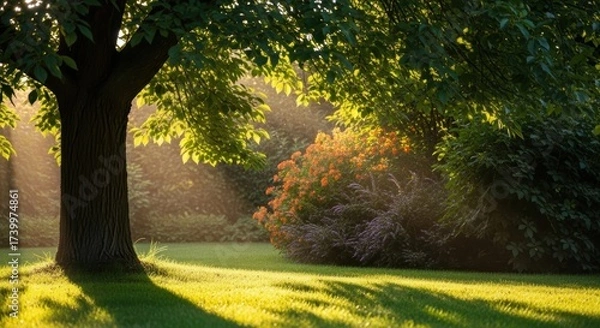 Obraz Serene garden at sunset with vibrant flower bed and lush tree canopy
