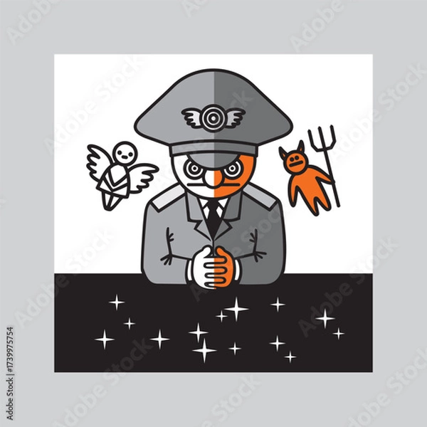 Obraz Man in a military uniform listens to Still Small Voice of Conscience. Traditional images of an angel and a demon symbolize big internal struggle between good and evil. Vector graphic illustration.