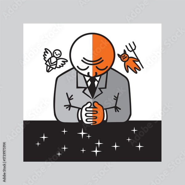 Obraz One man in a suit listens to Still Small Voice of Conscience. Traditional images of an angel and a demon symbolize big internal struggle between good and evil. Vector graphic illustration.
