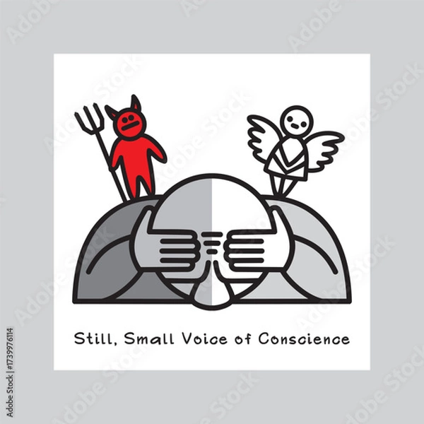 Obraz One person listens to Still, Small Voice of Conscience. Traditional  images of an angel and a demon symbolize big internal struggle between good and evil. Vector illustration.