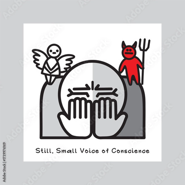 Obraz One person listens to Still, Small Voice of Conscience. Traditional  images of an angel and a demon symbolize big internal struggle between good and evil. Vector illustration.