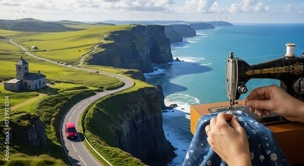 Fototapeta Sewing machine with ireland landscape, cliffs of moher and a pink bus on the road in background