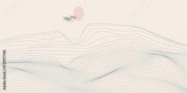 Obraz Vector abstract art landscape mountain with birds and sunrise sunset by golden line art texture isolated on white beige background. Minimal luxury style for wallpaper, wall art decoration.