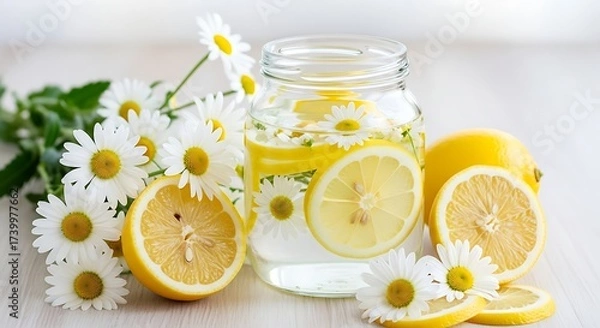 Fototapeta Refreshing lemon and chamomile infused water with fresh lemons and daisies on a wooden surface