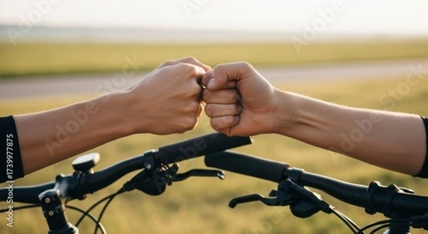 Obraz Fist bump on bicycle ride: caucasian adults celebrate friendship and teamwork