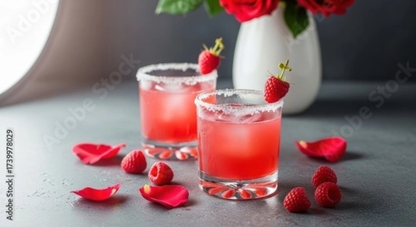 Obraz Two raspberry margaritas with salt rim and rose petals on dark table