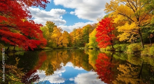Fototapeta Beautiful autumn landscape reflecting in the calm river with colorful trees and blue sky with clouds