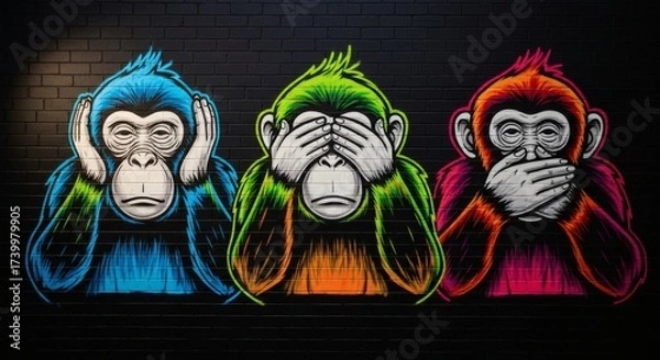 Fototapeta A bright mural shows the Three Wise Monkeys covering eyes, ears, and mouth, with the phrase “Not to see, not to hear, not to speak.”