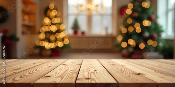 Fototapeta Wooden surface in the foreground with a soft, blurry Christmas-themed background of lights and decorated trees, used for product display