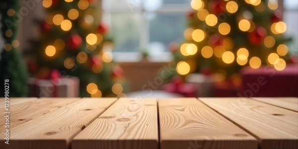 Fototapeta Wooden surface in the foreground with a soft, blurry Christmas-themed background of lights and decorated trees, used for product display