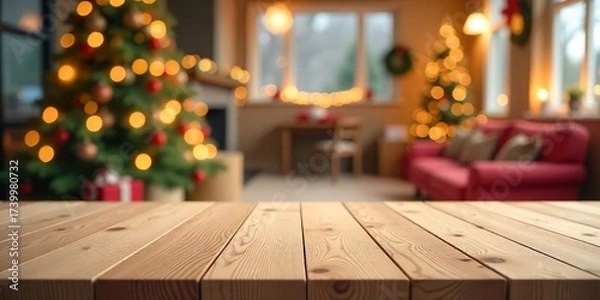Fototapeta Wooden surface in the foreground with a soft, blurry Christmas-themed background of lights and decorated trees, used for product display