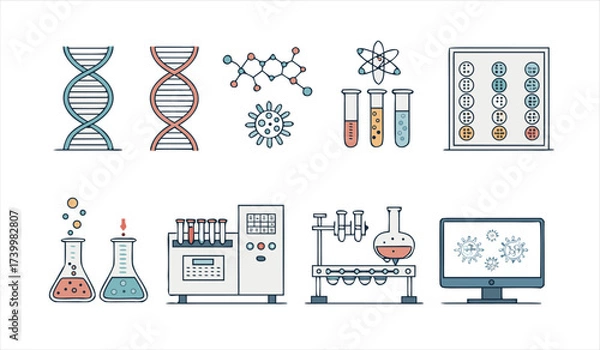 Fototapeta Genetics and Virology Research Vector Line Icon Set with DNA Virus and Laboratory Equipment for Scientific Analysis
