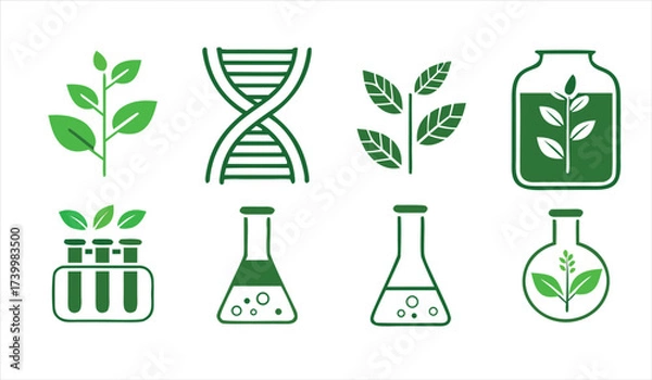 Fototapeta Plant Science and Green Biotechnology Vector Icon Set with DNA Helix and Laboratory Research Symbols for AgriTech

