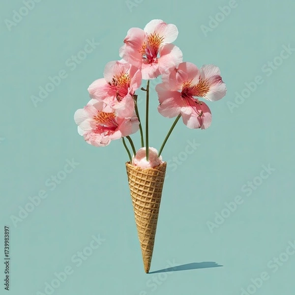 Fototapeta Pink floral arrangement erupts from an ice cream cone against a cool, turquoise backdrop